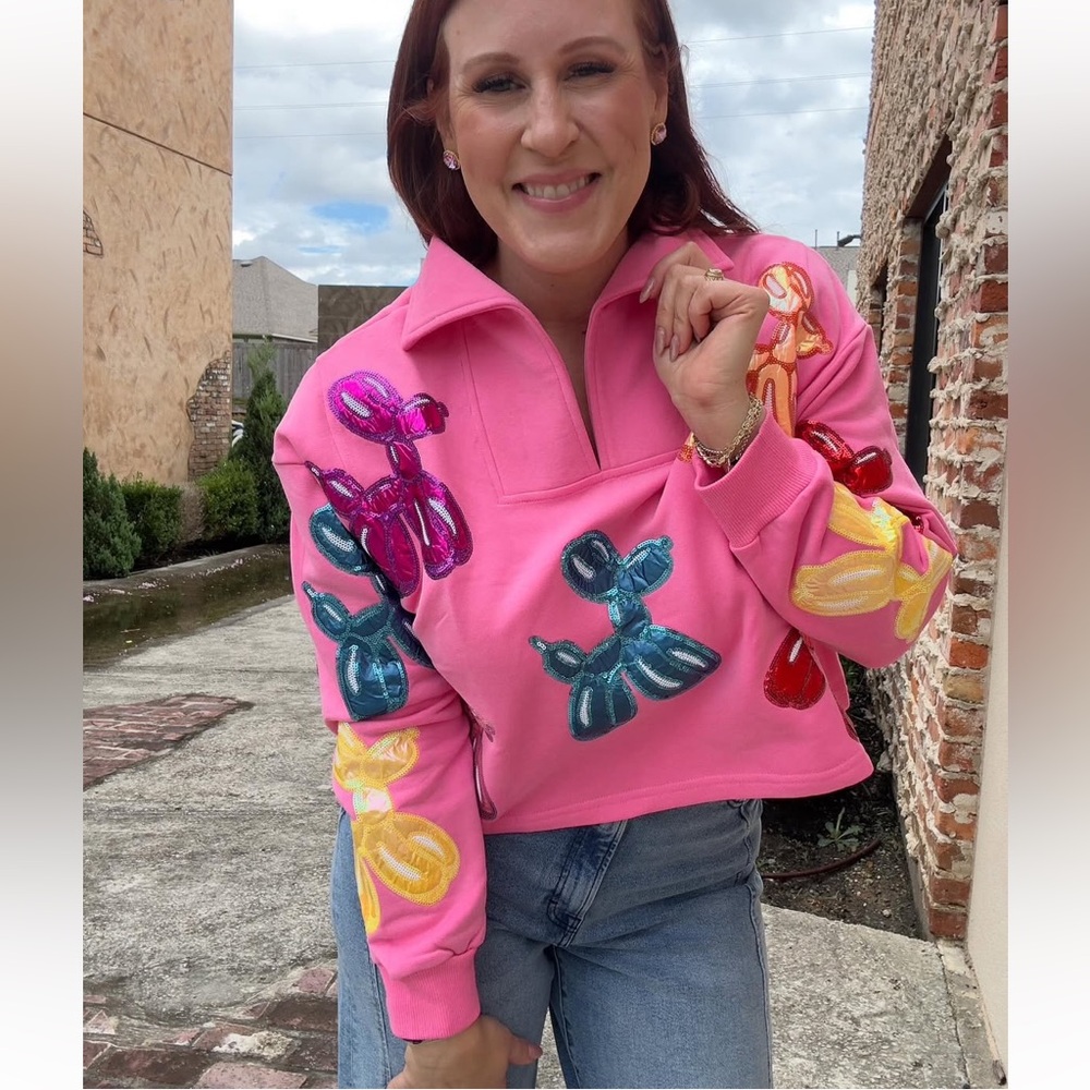 Queen Of Sparkles Balloon Dog Sweatshirt pullover Embroidered Pink Multicolor XL - Picture 4 of 12
